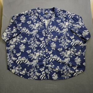 Talbots Women XL Blue Band Collar Button Front Poplin Shirt Pencil Butterfly